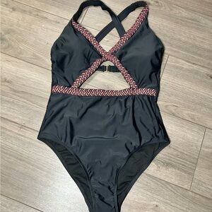 Women’s Black One-Piece Swimsuit with Red Chevron Trim